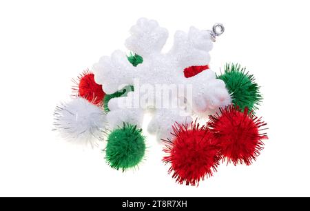 snowflake with colored pompom balls on white background Stock Photo