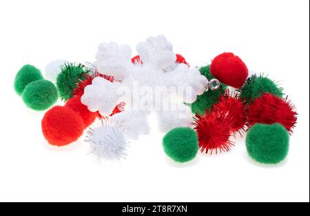 snowflake with colored pompom balls on white background Stock Photo