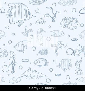 Seamless vector pattern for gift paper with underwater world, marine life, fish and seashells Stock Vector