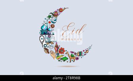 EID MUBARK MUSIM EVENT WRITTEN IN ENGLISH CALLIGHRAPHY creative moon filled with characters isolated on YELLOW backgrounds. Stock Vector