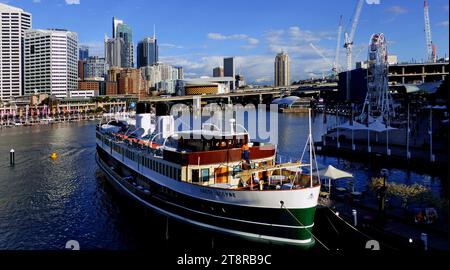 SS South Steyne. Darling Habour Sydney, SS South Steyne is a retired steam ferry. For 36 years, she operated on the Manly run on Sydney Harbour and is now a floating restaurant moored at Darling Harbour Stock Photo