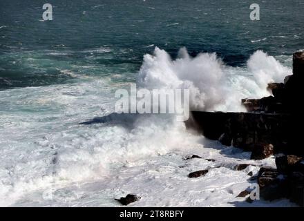 Angry is the sea, Tasman Sea, an arm of the Pacific Ocean between Australia and New Zealand. It is as much as 1,400 miles (2,250 km) wide and more than 17,000 feet (5, 180 m) deep. The sea is located in a region of prevailing westerly winds known as 'the roaring forties,' and is frequently stormy. It was named for the Dutch explorer Abel Janszoon Tasman, who discovered New Zealand and Tasmania in 1642 Stock Photo