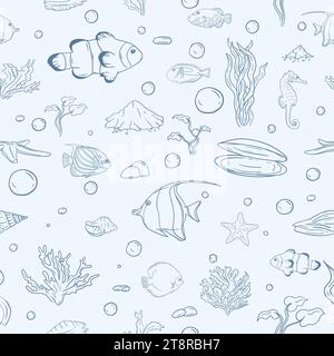 Seamless vector pattern for gift paper with underwater world, marine life, fish and seashells Stock Vector