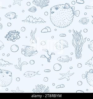 Seamless vector pattern for gift paper with underwater world, marine life, fish and seashells Stock Vector