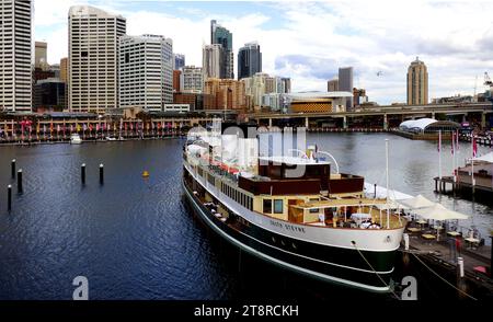 Darling harbour Sydney, SS South Steyne is a retired steam ferry. For 36 years, she operated on the Manly run on Sydney Harbour and is now a floating restaurant moored at Darling Harbour Stock Photo