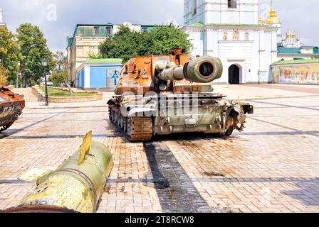 Demonstration of a burnt Russian military howitzer at the exhibition of destroyed Russian military equipment on Mikhailovskaya Square in Kyiv. Stock Photo