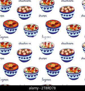 Pattern with central Asian cuisine soups Stock Vector