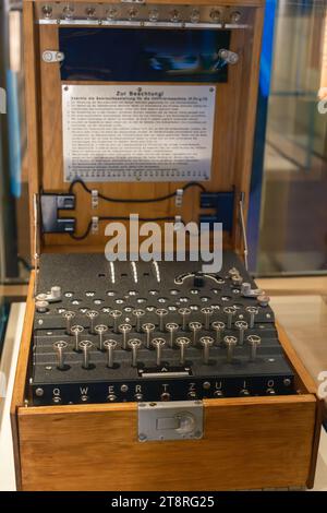 An enigma machine on display at Bletchley Park museum, home of the famous code breakers and Alan Turing during WW2 Stock Photo