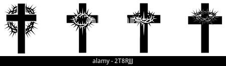 Christian cross with crown of thorns icon. Set of black silhouettes of a Christian symbols. Crucifixion of Jesus Christ. Vector illustration Stock Vector