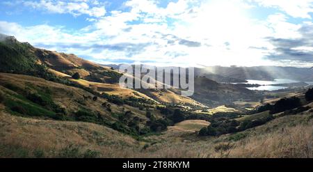 Akaroa from Hilltop. NZ, Akaroa Harbour is part of Banks Peninsula in the Canterbury Region of New Zealand Stock Photo