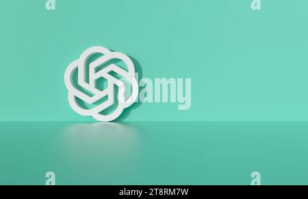 Madrid, Spain - November, 2023: Chatgpt logo, OpenAI logo, AI chatbot, ChatGPT on green wall background with hard shadow and space for text and graphi Stock Photo