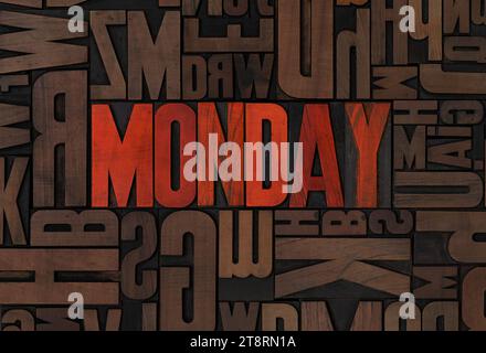 Retro letterpress wood type printing blocks - Monday Stock Photo