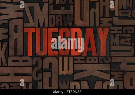Retro letterpress wood type printing blocks - Tuesday Stock Photo