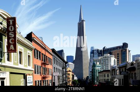 Transamerica Pyramid San Francisco, USA, The Transamerica Pyramid at 600 Montgomery Street between Clay and Washington Streets in the Financial District of San Francisco, USA, California, United States, is a 48-story postmodern building and the second-tallest skyscraper in the San Francisco skyline. Its height will be surpassed by Salesforce Tower, currently under construction. Stock Photo