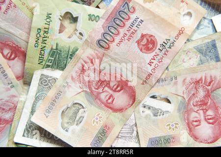 Vietnamese dong banknotes close-up. Money background. Vietnamese currency - dongs.  Stock Photo