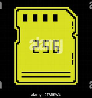 Pixel icon. Memory card for storing information. Micro card for copying and transferring data. Simple black yellow vector isolated on black background Stock Vector