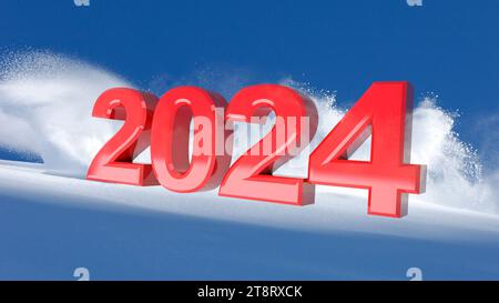 New Year red 2024 on a winter snow background, 3D illustration Stock Photo