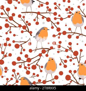 Robin birds and red berries branches, seamless Christmas pattern, winter vector illustration, print on white background. Stock Vector