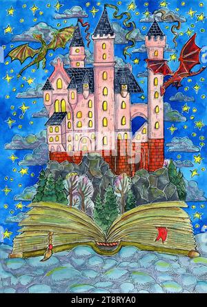Dragons and castle watercolor illustration. Fairy tale print Stock ...