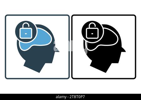 open minded icon. head with open padlock. icon related to core values. solid icon style. simple vector design editable Stock Vector