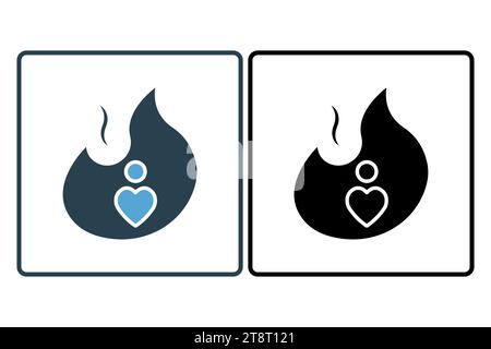 passion icon. fire with heart. icon related to core values. solid icon style. simple vector design editable Stock Vector