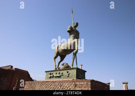 Pompeii Ruins: Bronze Statue of Centaur, Remains of Roman city buried by eruption of Mt. Vesuvius in 79 AD and excavated in modern times, Italy Stock Photo