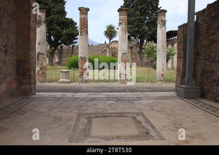 Pompeii Ruins: House of the Faun, Remains of Roman city buried by eruption of Mt. Vesuvius in 79 AD and excavated in modern times, Italy Stock Photo