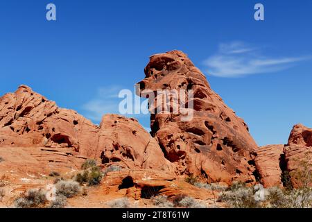 Poodle Rock. Valley of Fire Nevada, Valley of Fire is the oldest state park in Nevada, and a great place to see 3,000-year-old Indian petroglyphs and explore the red sandstone formations created during the age of the dinosaurs. Bring your camera to photograph the landscape while hiking this rocky landscape formed over 150 million years ago. The red sandstone gives off an incredible light, which makes the grey rocks nearby appear turquoise Stock Photo