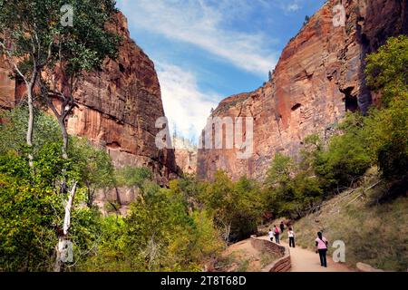 Walking Zion NP, Zion National Park is an American national park located in southwestern Utah near the town of Springdale. A prominent feature of the 229-square-mile park is Zion Canyon, which is 15 miles long and up to 2,640 ft deep. The canyon walls are reddish and tan-colored Navajo Sandstone eroded by the North Fork of the Virgin River Stock Photo