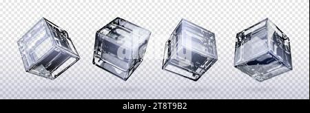 3d glass cube box vector isolated on transparent background. Crear black and white realistic geometric block with reflection. Glossy acrylic object de Stock Vector