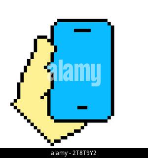 Hand holding blue phone line icon. Gadget, smartphone, touch screen, applications, camera, pixel style. Multicolored icon on white background Stock Vector
