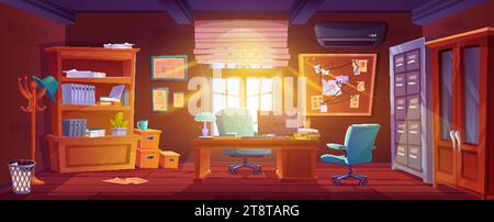 Messy detective office interior. Vector cartoon illustration of police ...