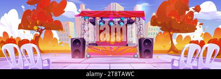 Music festival stage in autumn park. Vector cartoon illustration of platform with spotlights and loudspeakers, chairs ready for audience, yellow leave Stock Vector