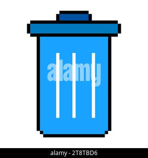 Blue trash can line icon. Recycling, landfill, cleaning, container, ecology, cleanliness, dirt, pixel style Multicolored icon on white background Stock Vector