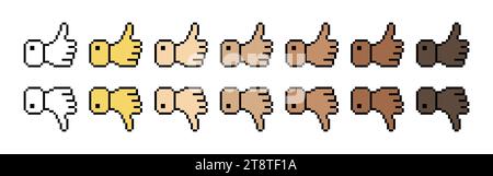 Set of thumbs line icon. Gesture, disapproval, dislike, emoji, refusal, approval, like, pixel style Multicolored icon on white background Stock Vector