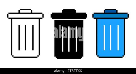 Set of trash can line icon. Recycling, landfill, cleaning, container, ecology, cleanliness, dirt, pixel style Multicolored icon on white background Stock Vector