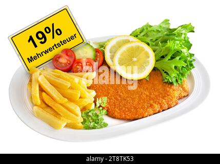 German yellow sign and value-added tax 19 % with cutlet isolated on white background Stock Photo