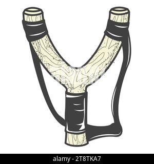 Cartoon wooden slingshot with rubber sling, wooden tweaker, vector Stock Vector