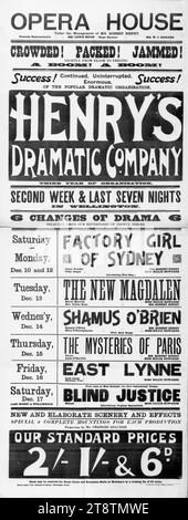 Opera House Wellington, New Zealand: Henry's Dramatic Company. Third year of organisation. Six changes of drama selected from our repertoire of eighty pieces. New and elaborate scenery and effects .. properties by Mr Charles Belcher. Evening Post Wellington, New Zealand 1900?, Shows arrangement of text, blue lettering on white, with varying lettering types Stock Photo