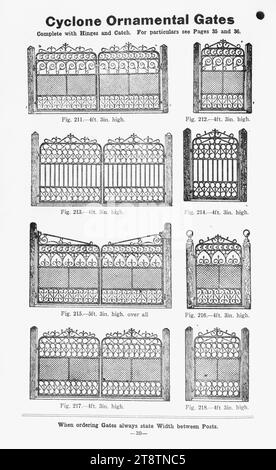 Cyclone Fence & Gate Co. Ltd: Cyclone ornamental gates. When ordering gates always state width between posts. Catalogue page. 1900-1910?, Shows eight different examples of wrought iron gates, four single and four double openings Stock Photo