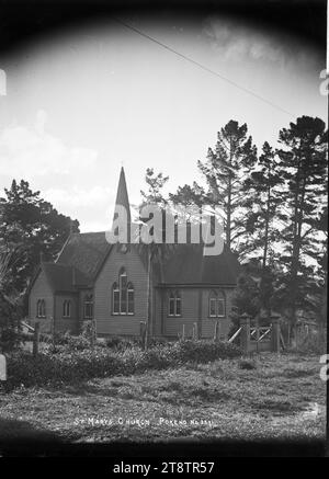 St Mary on the Hill, Pokeno, View of the Anglican church, St Mary on the Hill, Pokeno. The sanctuary is on the right of the photograph. Paddocks and wooden gate are in the middle foreground. A cabbage tree is growing near to the gateway. P between 1900 and 1930 Stock Photo