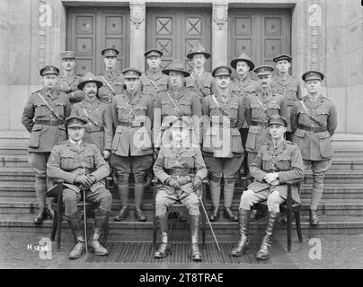 Major General Russell and staff officers at Divisional Headquarters, Leverkusen, Germany, Group portrait of Major General Andrew Russell (seated centre) with staff officers at New Zealand Divisional Headquarters in Leverkusen during the occupation of Germany after World War I. Present also is Lieutenant Colonel Henry Maitland (Jumbo) Wilson, General Staff Officer 1, sitting front row left, March 1919 Stock Photo