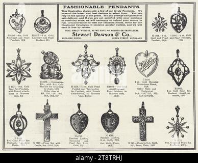 Stewart Dawson & Company: Fashionable pendants. This illustration shows only a few of our lovely pendants. The Weekly Graphic and New Zealand Mail for February 24, 1909, page 35, lower half, Advertisement showing sixteen different pendants in gold, amethyst, greenstone, pearls, turquoise. Designs include a Scottish thistle, crucifix, greenstone Maori tiki, heart shaped greenstone pendant with the words 'Kia Ora Stock Photo