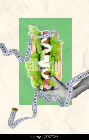 Creative 3d photo artwork graphics collage painting of arms holding hotdog trying keep diet isolated drawing background Stock Photo