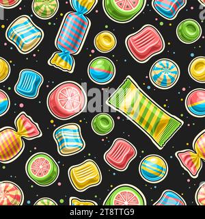 Vector Candy Seamless Pattern, repeating background with cut out illustrations of multi colored variety fruit chewy candies and bubble gums in spiral Stock Vector