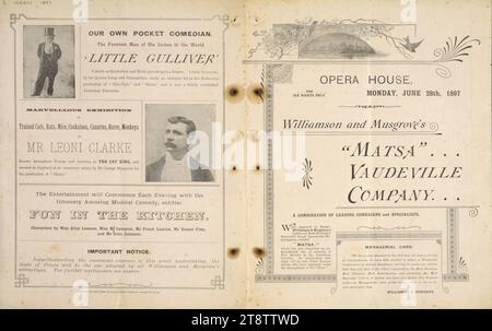 Opera House (Wellington, New Zealand): Williamson and Musgrove's Matsa Vaudeville Company .. a combination of leading comedians and specialists. Back and front covers of information brochure. Monday, June 28th, 1897, Decorative border on front cover; the back cover shows portraits and biographical notes about two of the performers of the company ('Little Gulliver', comedian and Mr Leoni Clarke who exhibited trained rats, cats, mice, cockatoos, canaries, hares and monkeys Stock Photo