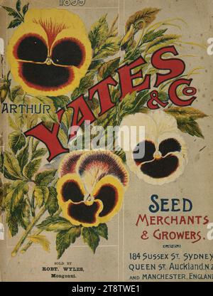 Arthur Yates & Co. Ltd, Auckland, New Zealand: Pansies. Yates' nursery catalogue. 1899. Front cover, Shows three pansies, and the title of the catalogue. This catalogue was sold by Robert Wyles of Mongonui Stock Photo