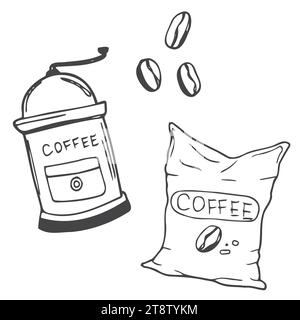 Coffee beans, mill, pot and coffee bag. Canvas bag with coffee beans. Isolated on white. Traditional coffee package. Hand drawn style. Line art sketch Stock Vector