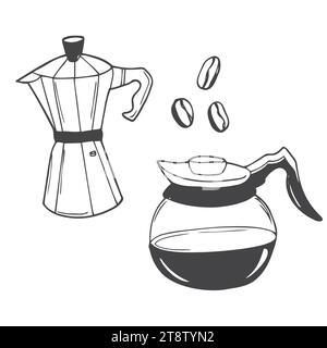 Utensil for preparing coffee, vector isolated line art, linear illustration of italian moka pot. Trendy outline ink style, good as icon, logo for coff Stock Vector