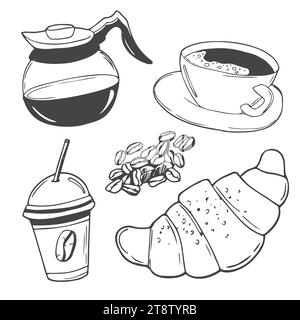 Set of illustrations about coffee. Cup, decanter, jar of beans, pot for brewing coffee, Turk, paper cup, hand, coffee grinder, bag of beans, paper pac Stock Vector